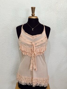 Dance In Paris Blush Pink Lace Ruffle Cami Top Beaded Coquette Boho Size M